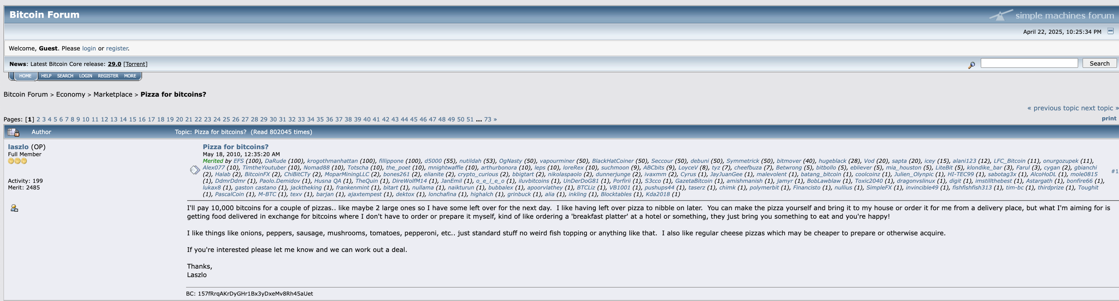 A screenshot from Bitcointalk.org showing the request for two pizzas