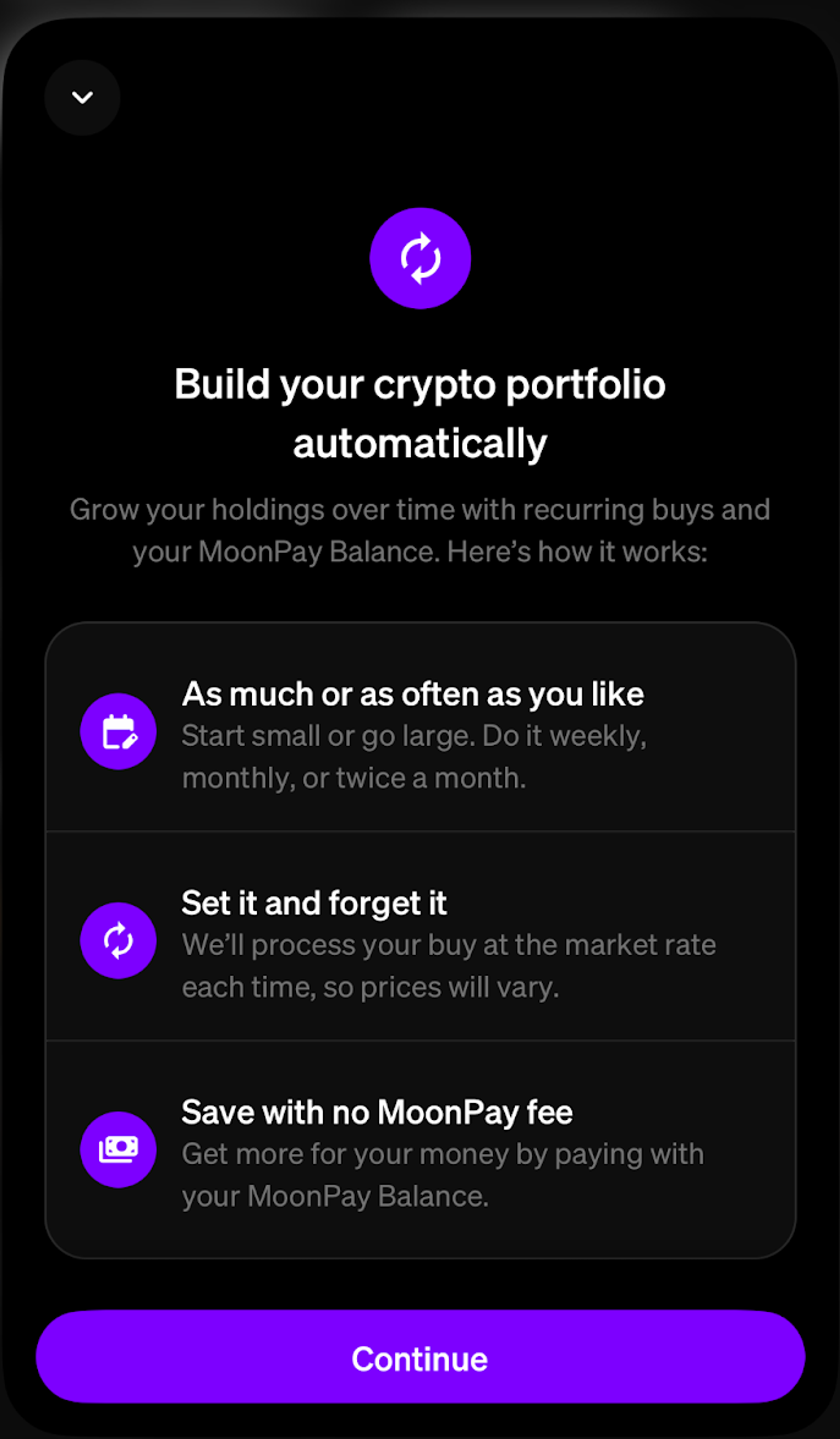 A screenshot of the MoonPay app showing the perks of auto-investing.