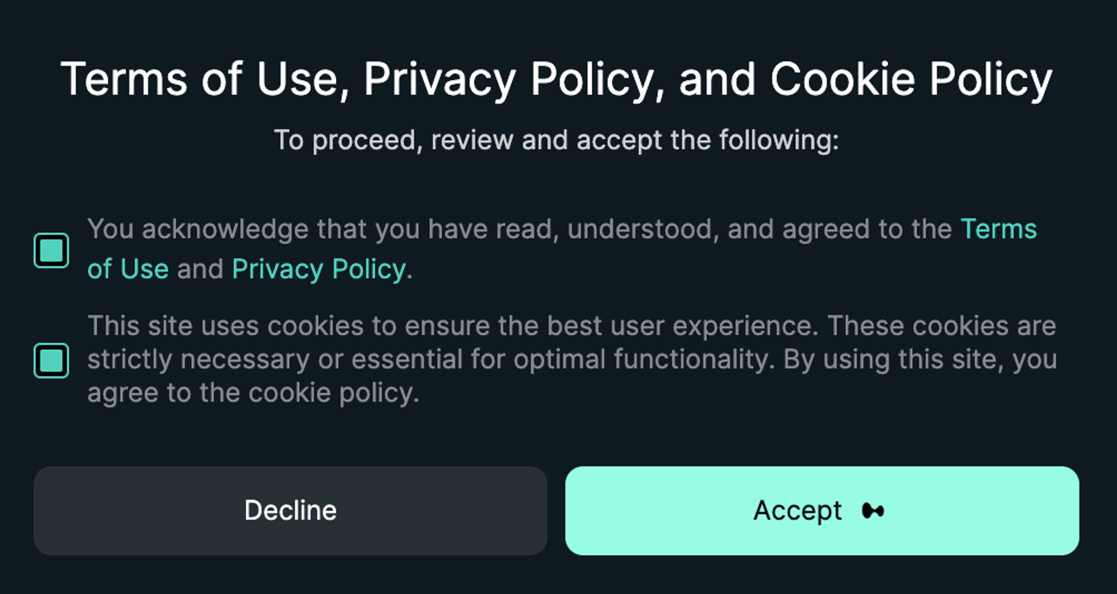 A screenshot of the Hyperliquid terms of use, privacy policy, and cookie policy