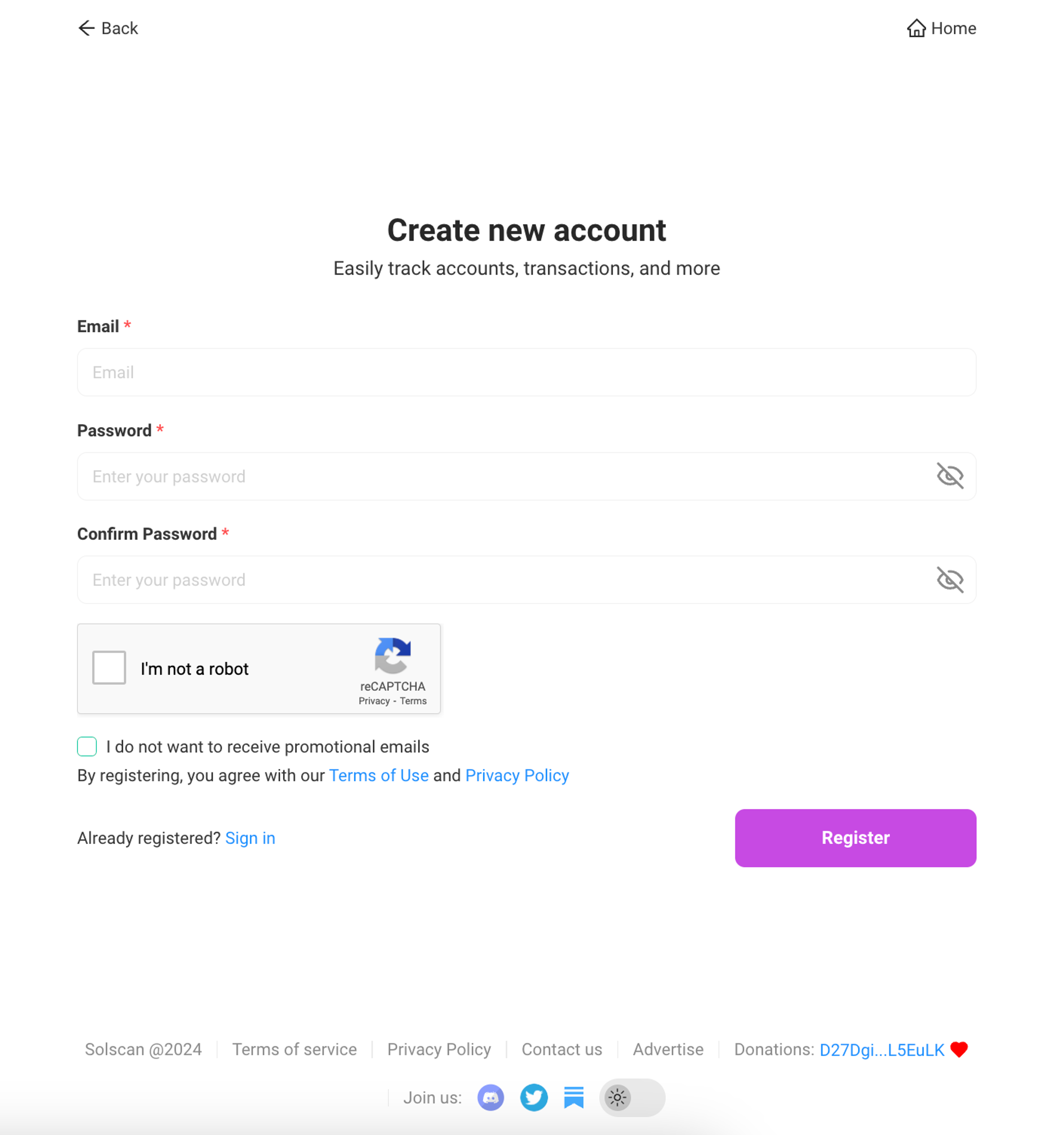 The screen to create a new account on SolScan.