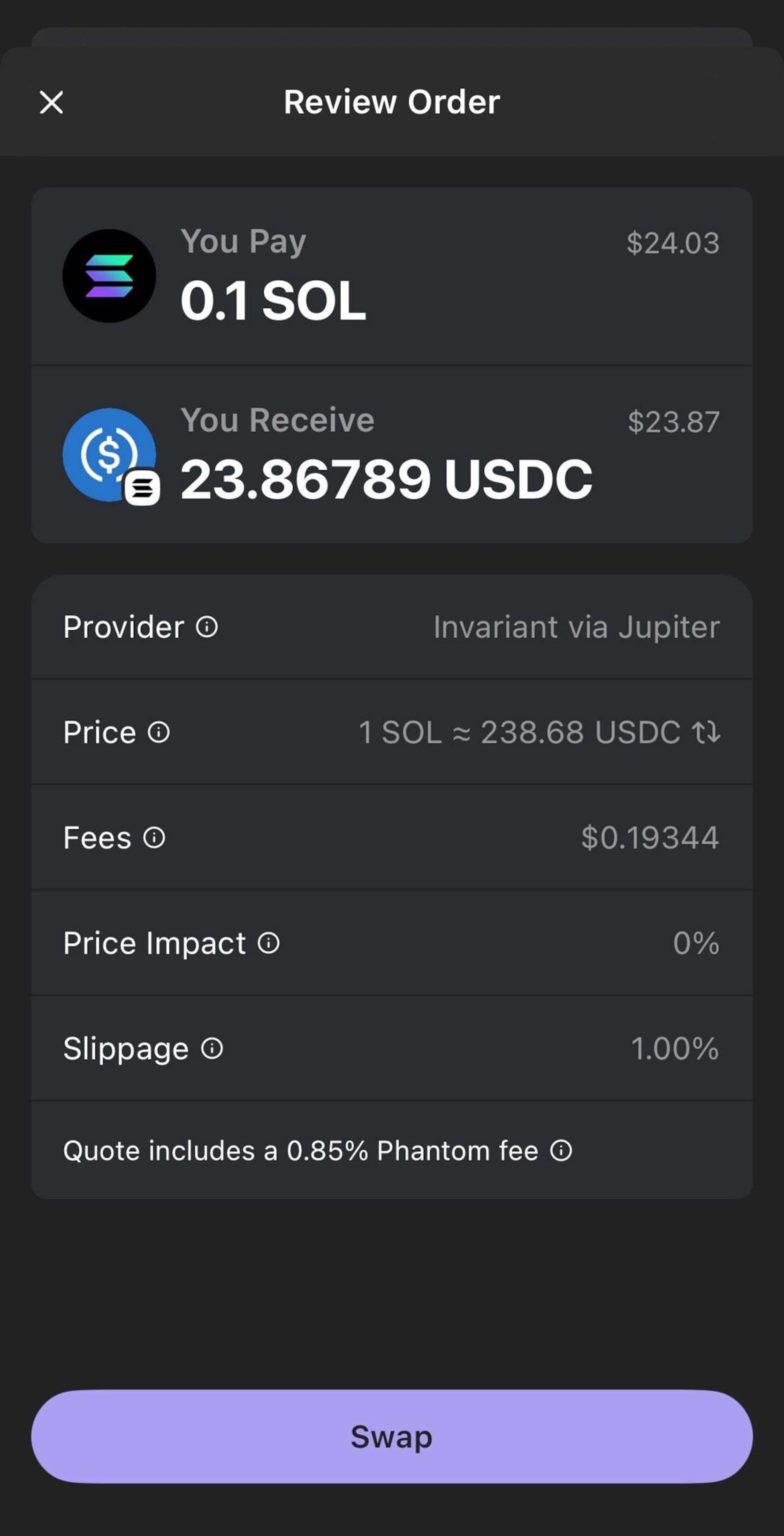 A screenshot to review a USDC/SOL swap order