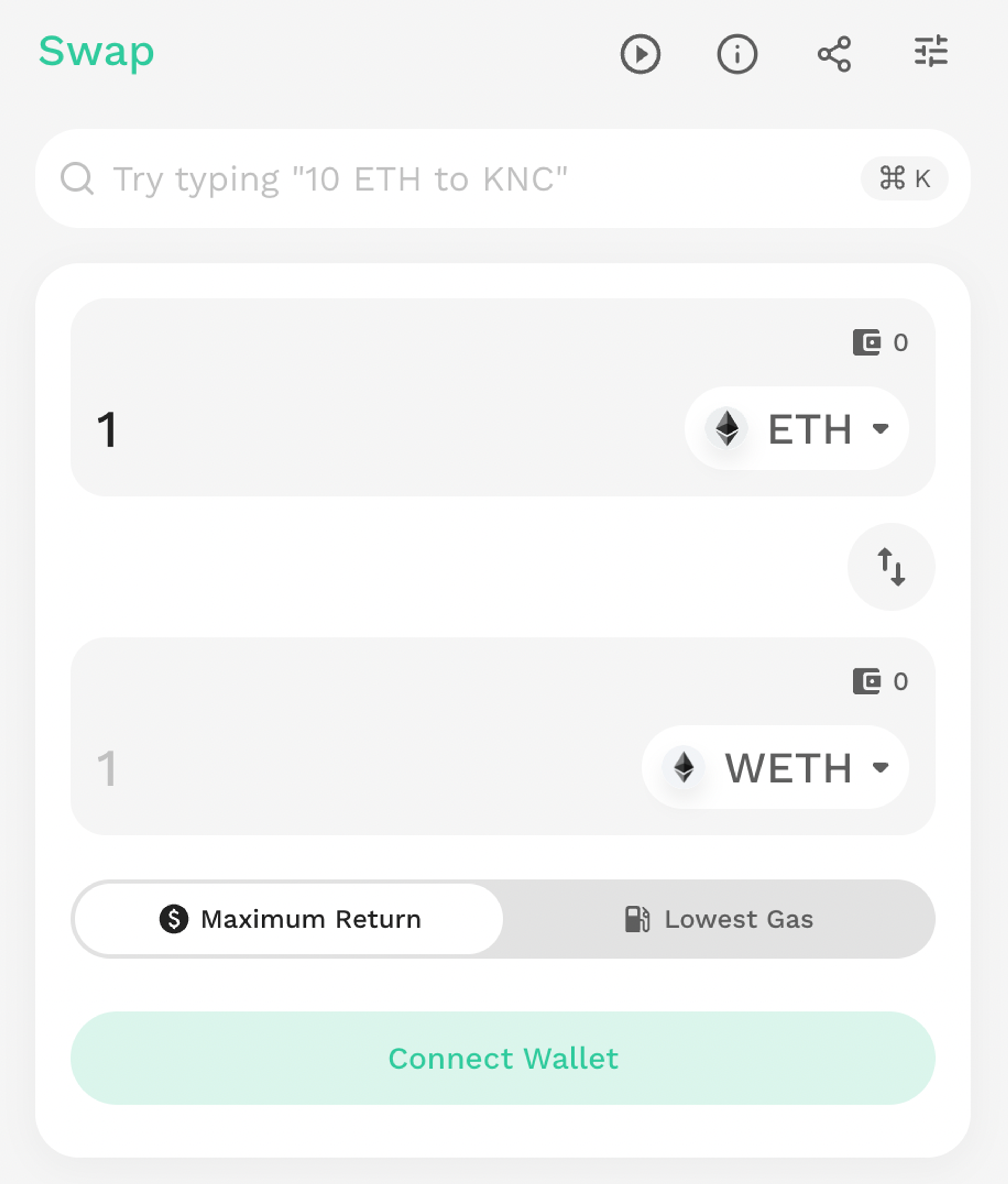 A screenshot of KyberSwap’s UI showing ETH to wETH swap.