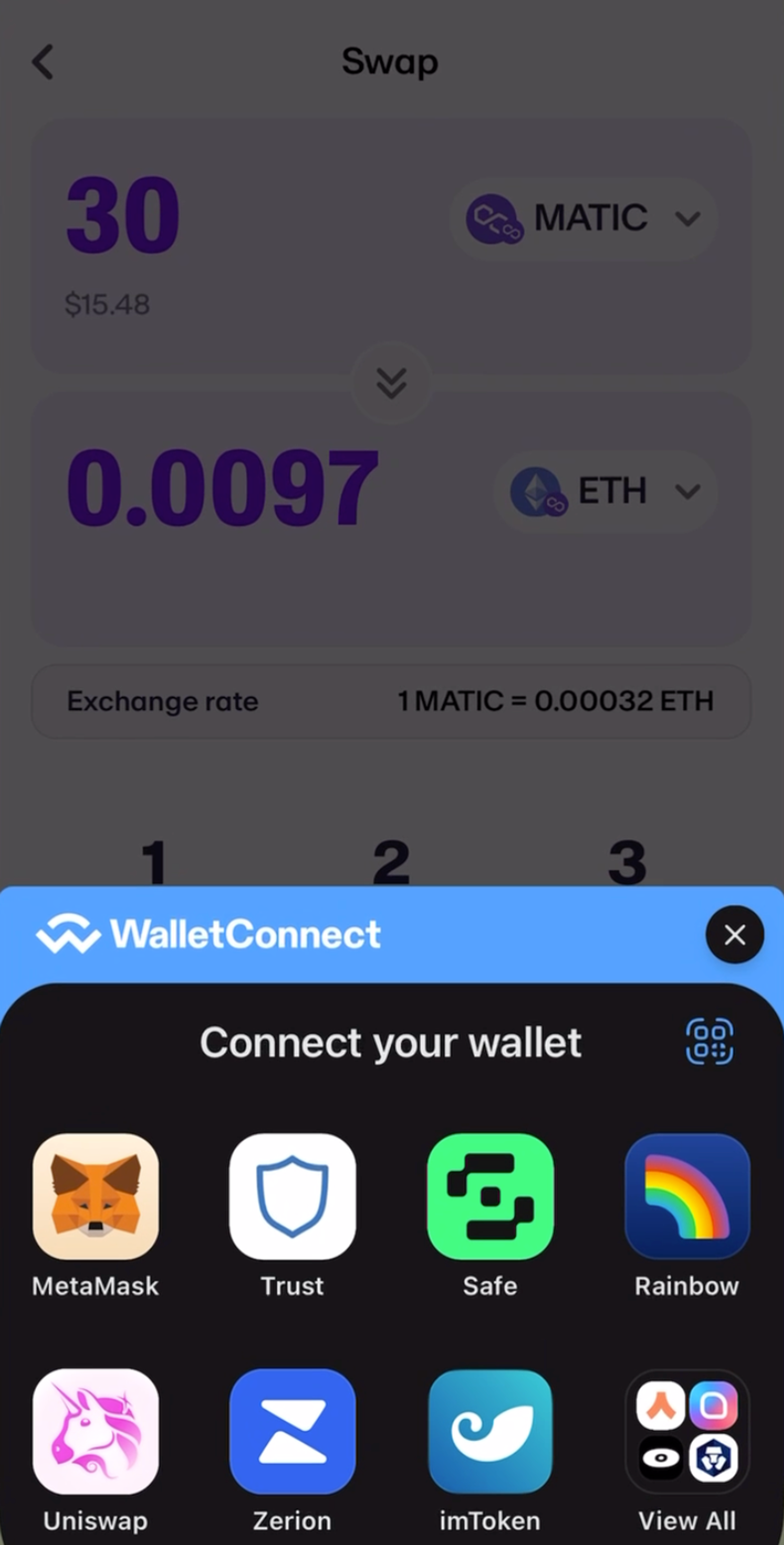 A screenshot of a MoonPay Swap WalletConnect screen.