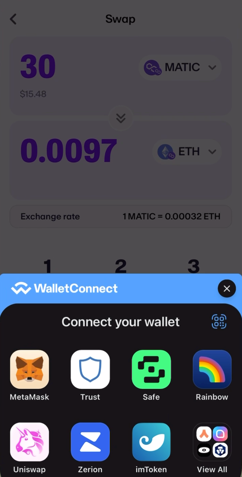 A screenshot of a MoonPay Swap WalletConnect screen.