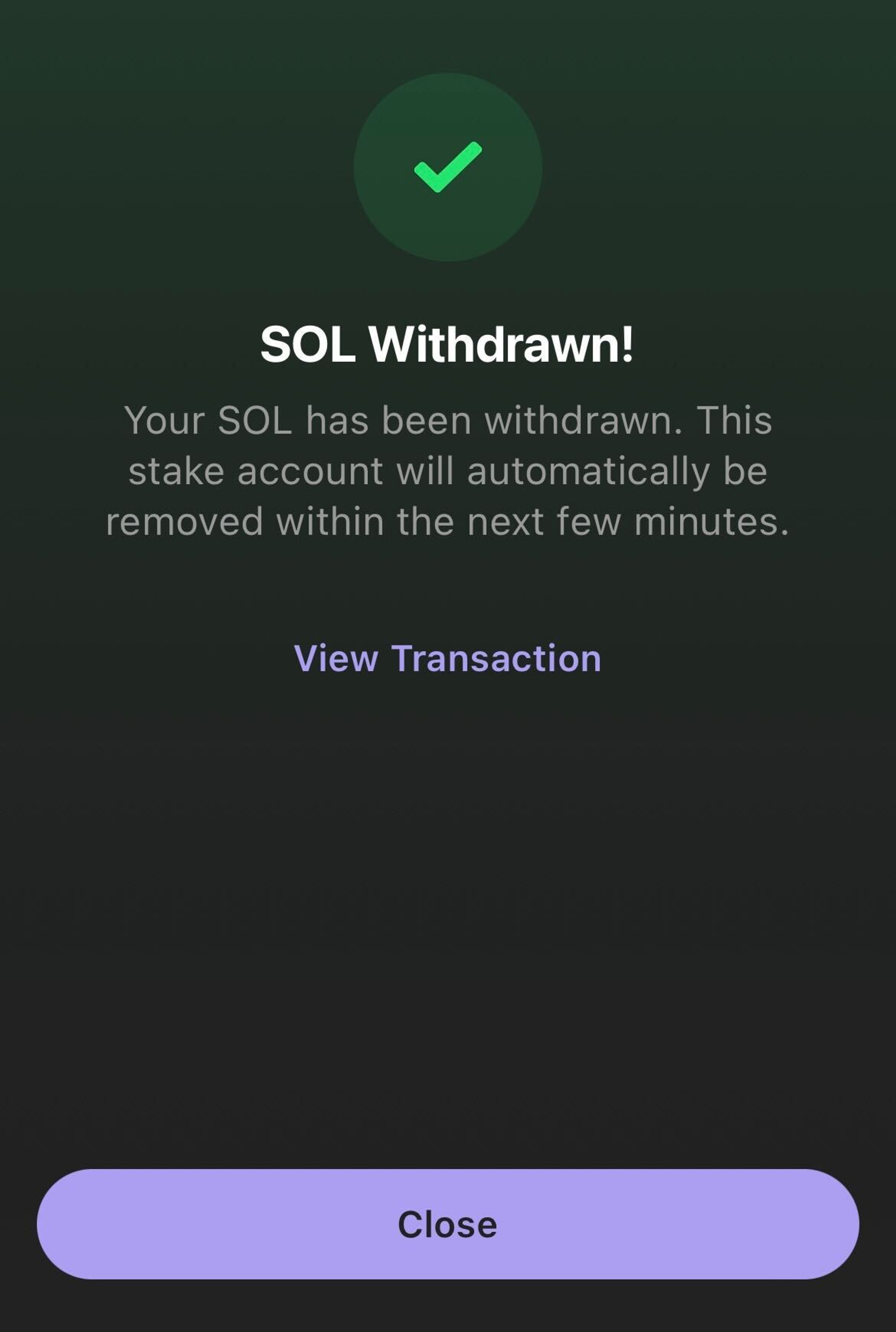 A screenshot in Phantom wallet showing SOL successfully withdrawn