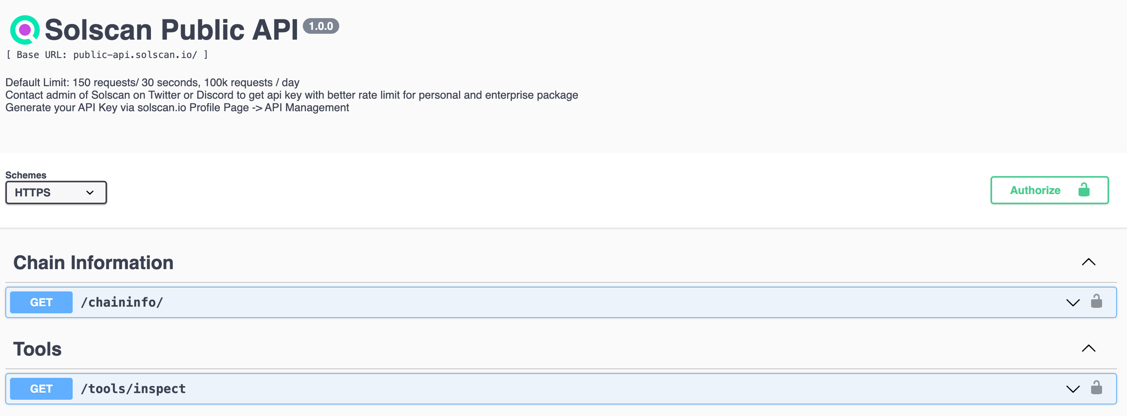 A screenshot of the SolScan's Public API page.
