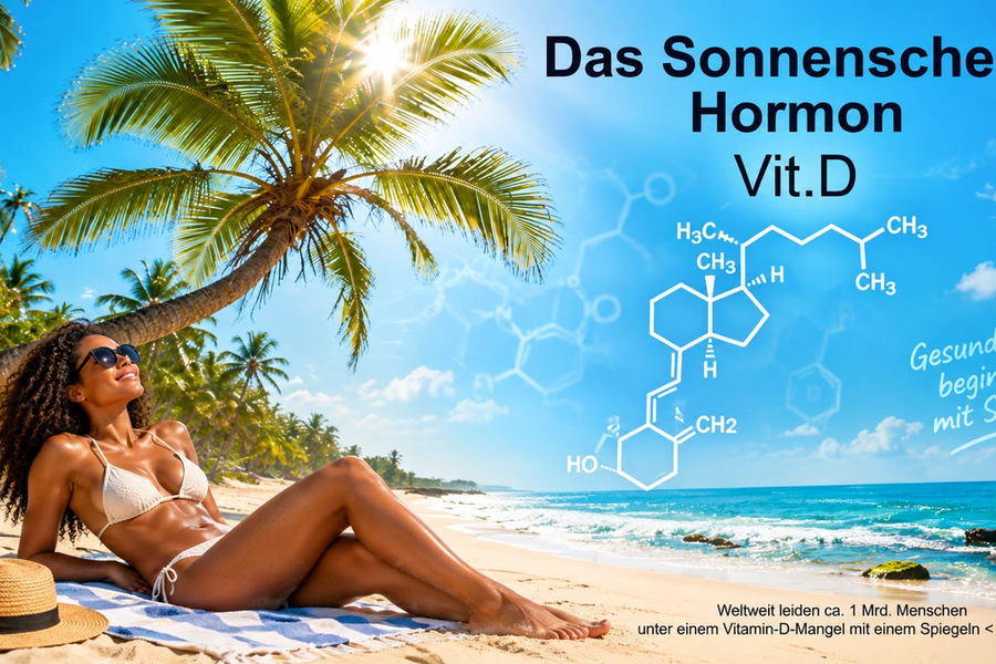 Seminarbild zu Vitamin D: Eine dunkelhäutige Frau liegt im Bikini und mit Sonnenbrille unter einer Palme an einem tropischen Strand in der Sonne; daneben sind die Überschrift „Das Sonnenschein Hormon Vit.D“, eine chemische Strukturformel und ein kurzer Infotext zu Vitamin-D-Mangel zu sehen.