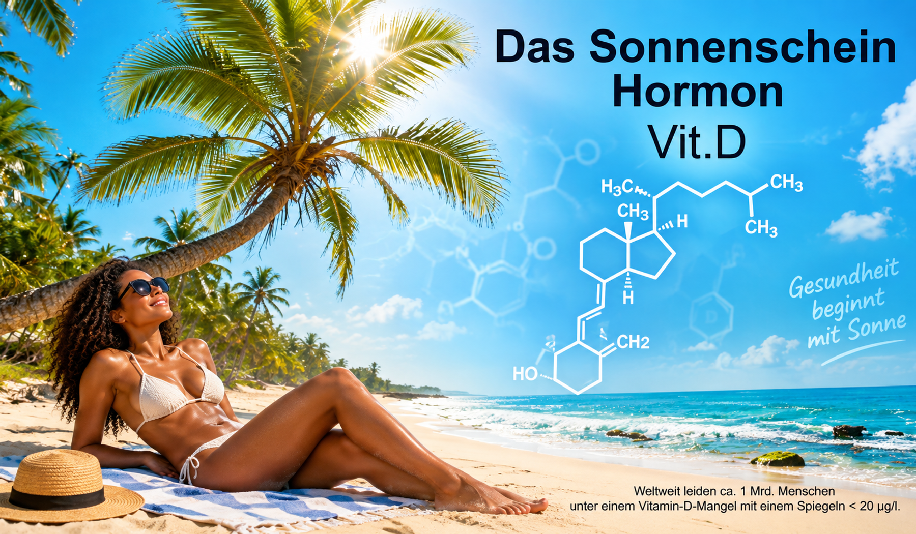 Seminarbild zu Vitamin D: Eine dunkelhäutige Frau liegt im Bikini und mit Sonnenbrille unter einer Palme an einem tropischen Strand in der Sonne; daneben sind die Überschrift „Das Sonnenschein Hormon Vit.D“, eine chemische Strukturformel und ein kurzer Infotext zu Vitamin-D-Mangel zu sehen.