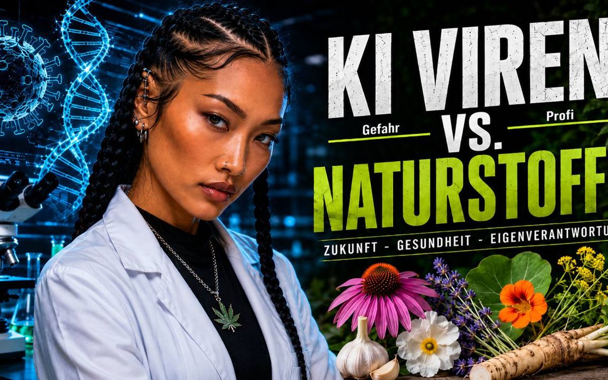 Futuristisches Titelbild mit einer Wissenschaftlerin im Labor, DNA-Helix und Virusdarstellung auf der linken Seite sowie Heilpflanzen und Wurzeln auf der rechten Seite. Im Zentrum steht der Schriftzug „KI Viren vs. Naturstoffe – Zukunft, Gesundheit, Eigenverantwortung“.