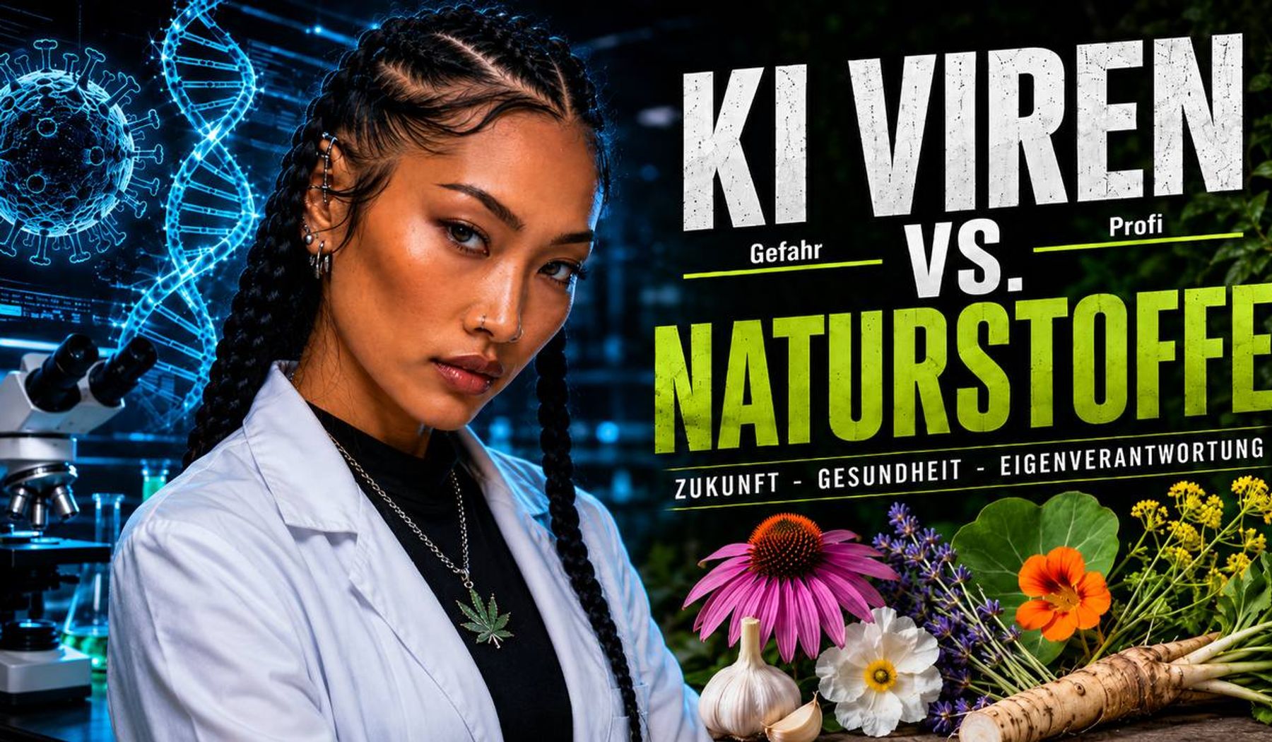Futuristisches Titelbild mit einer Wissenschaftlerin im Labor, DNA-Helix und Virusdarstellung auf der linken Seite sowie Heilpflanzen und Wurzeln auf der rechten Seite. Im Zentrum steht der Schriftzug „KI Viren vs. Naturstoffe – Zukunft, Gesundheit, Eigenverantwortung“.