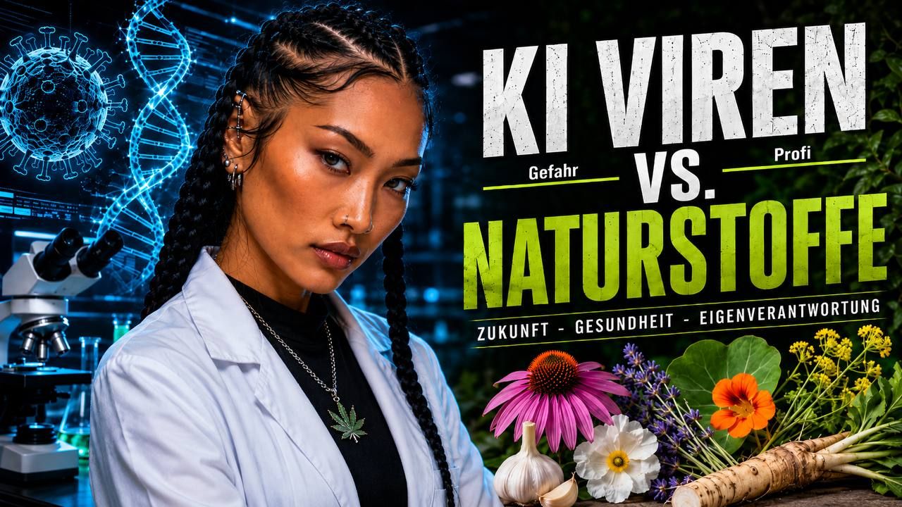 Futuristisches Titelbild mit einer Wissenschaftlerin im Labor, DNA-Helix und Virusdarstellung auf der linken Seite sowie Heilpflanzen und Wurzeln auf der rechten Seite. Im Zentrum steht der Schriftzug „KI Viren vs. Naturstoffe – Zukunft, Gesundheit, Eigenverantwortung“.