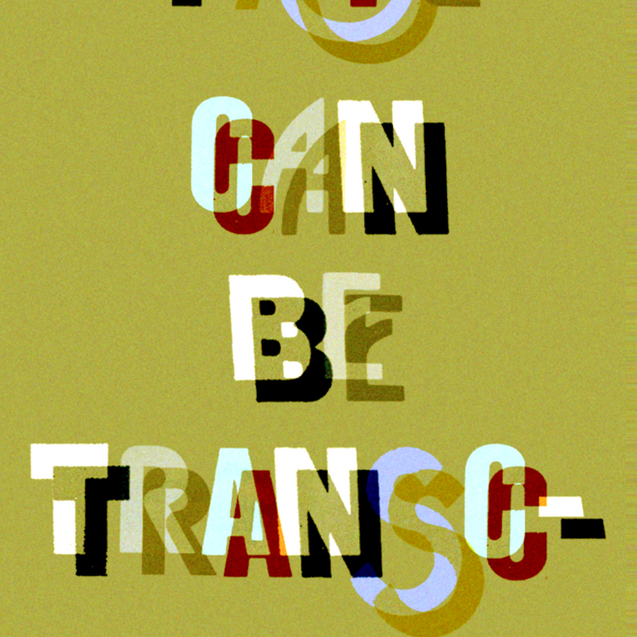 "Fate can be transcended" in overlapping text on a green background.