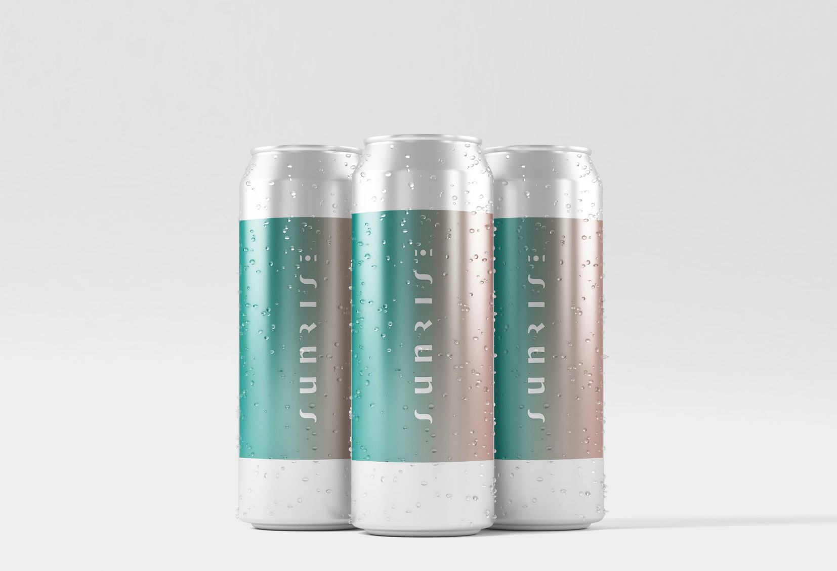 Product mockup showing three cans with the label "Sunrise" on a turquoise background.