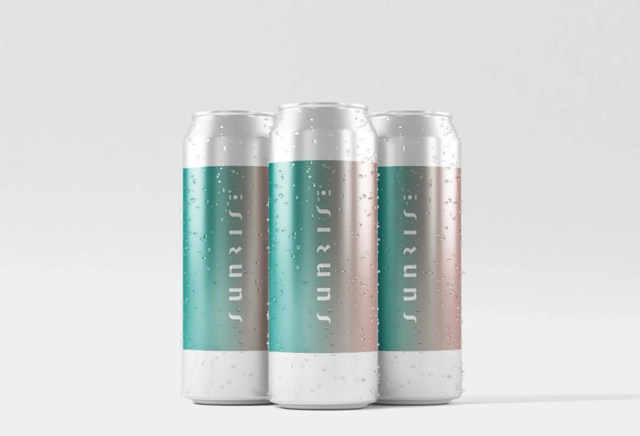 Product mockup showing three cans with the label "Sunrise" on a turquoise background.