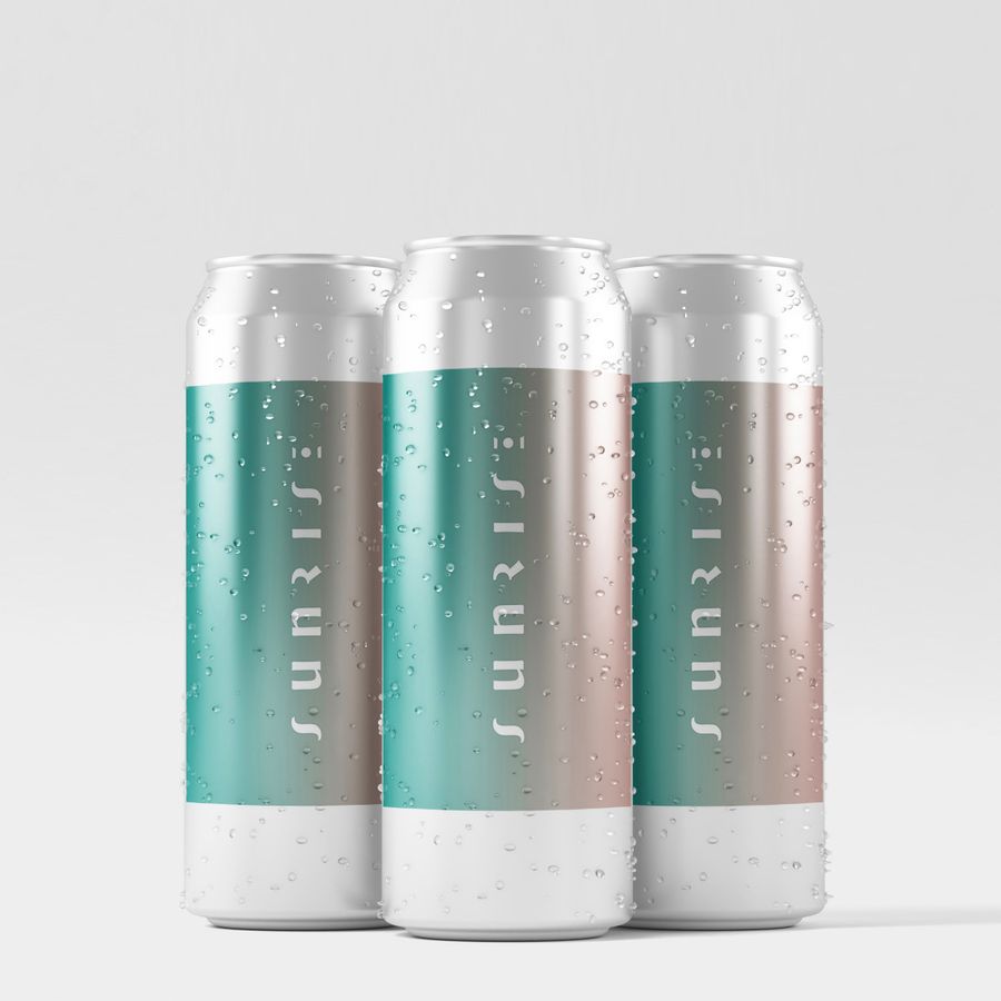 Product mockup showing three cans with the label "Sunrise" on a turquoise background.