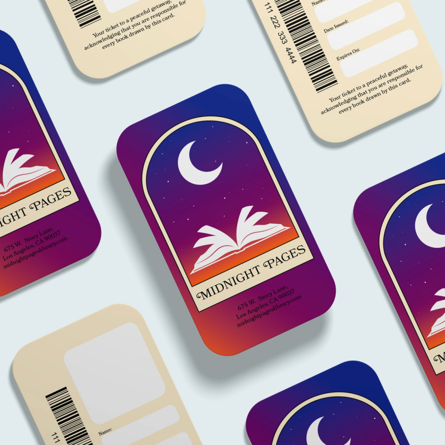 Mockups showing front and back sides of a business card; the front is an arch framing a moon and open book with the text "Midnight Pages," on a vibrant blue to orange gradient background, the back has label fields on a pale yellow background.