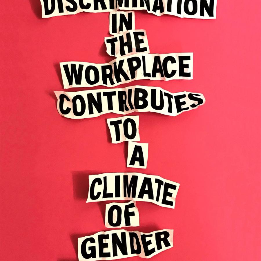 Poster with red background and text on scraps of paper: "Gender discrimination in the workplace contributes to a climate of gender hostility."