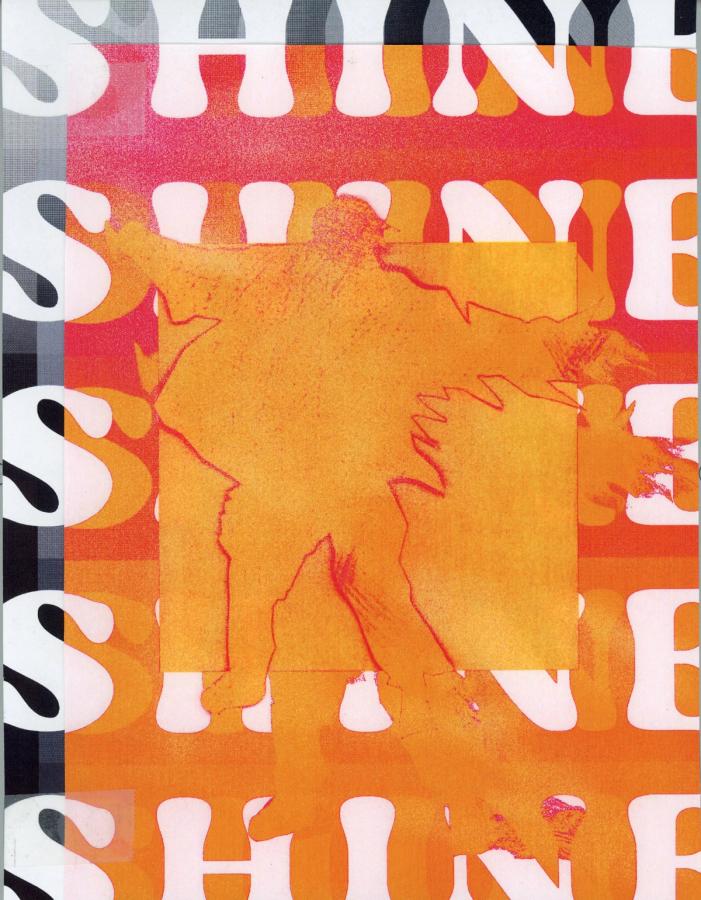 An orange and black painting with the word "Shine" repeated and a person opening their arms.