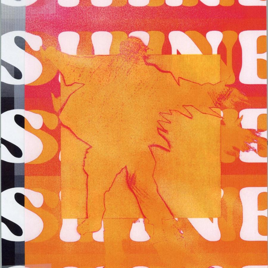 An orange and black painting with the word "Shine" repeated and a person opening their arms.