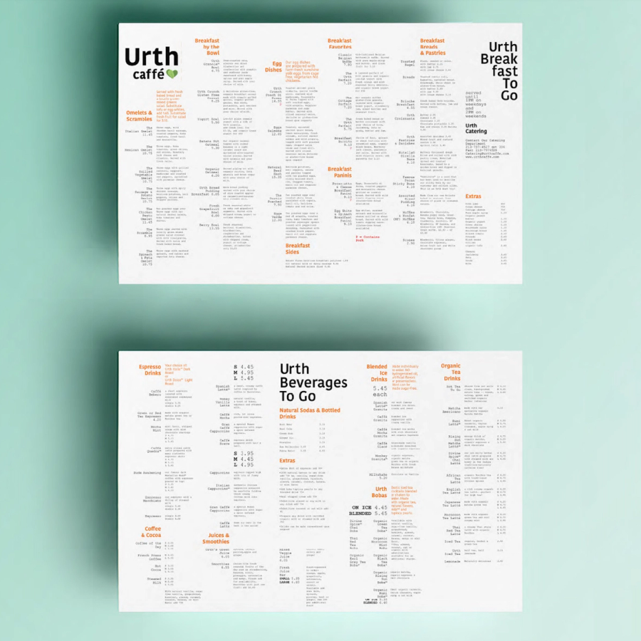 Menu mockup for Urth Caffe on a green background.