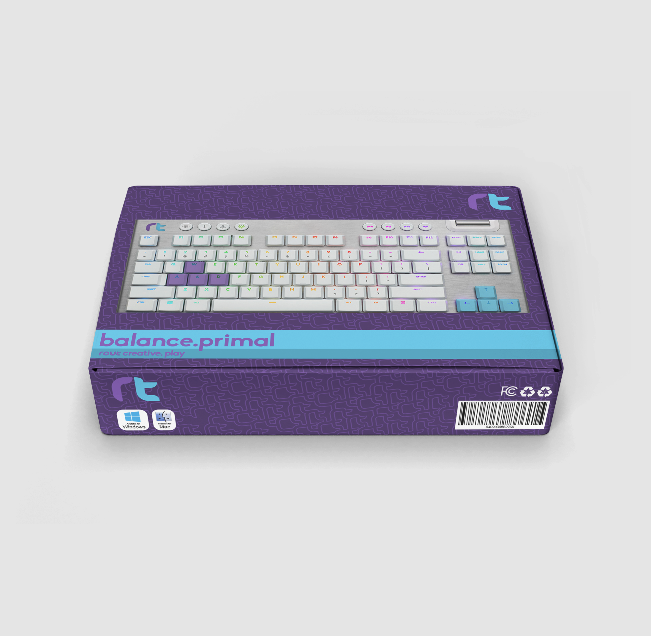Package design mockup for a keyboard called "balance primal," in purple and light blue colors.