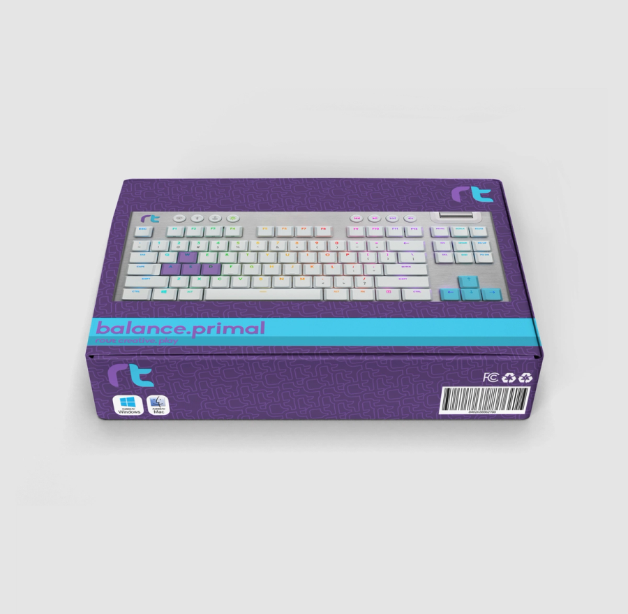 Package design mockup for a keyboard called "balance primal," in purple and light blue colors.