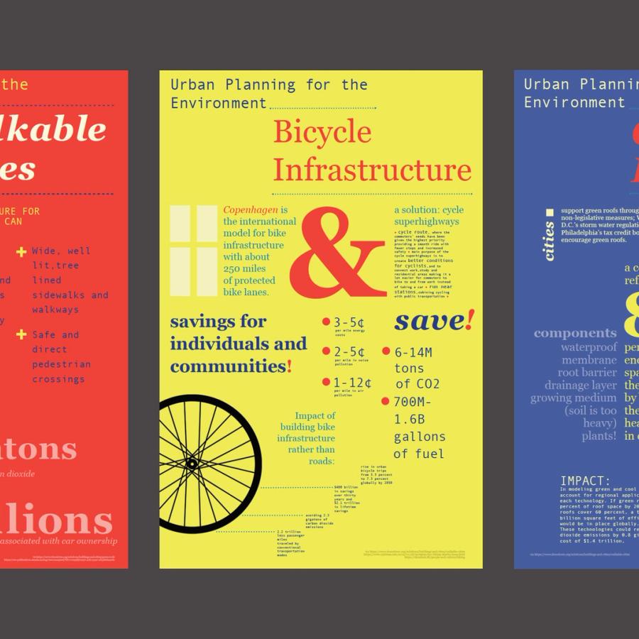 A set of posters about walkable cities, bike infrastructure, and green rooftops in red, yellow, and dark colors.
