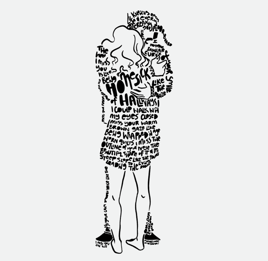 A black and white drawing of a man hugging a woman, made up of sentences.