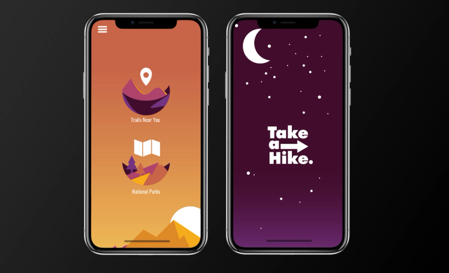 Mobile app mockup showing a trail app with text "Take a Hike," in vibrant orange and purple colors.