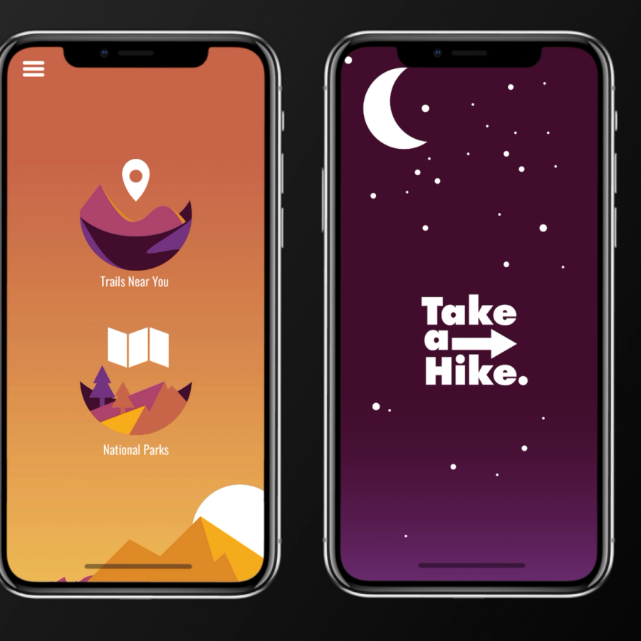 Mobile app mockup showing a trail app with text "Take a Hike," in vibrant orange and purple colors.