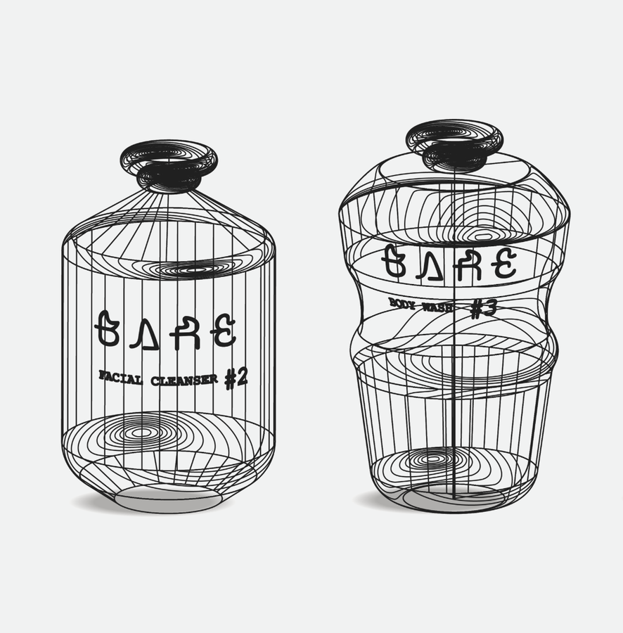 Illustration of two glass jars with the text "Bare, Facial Cleanser".