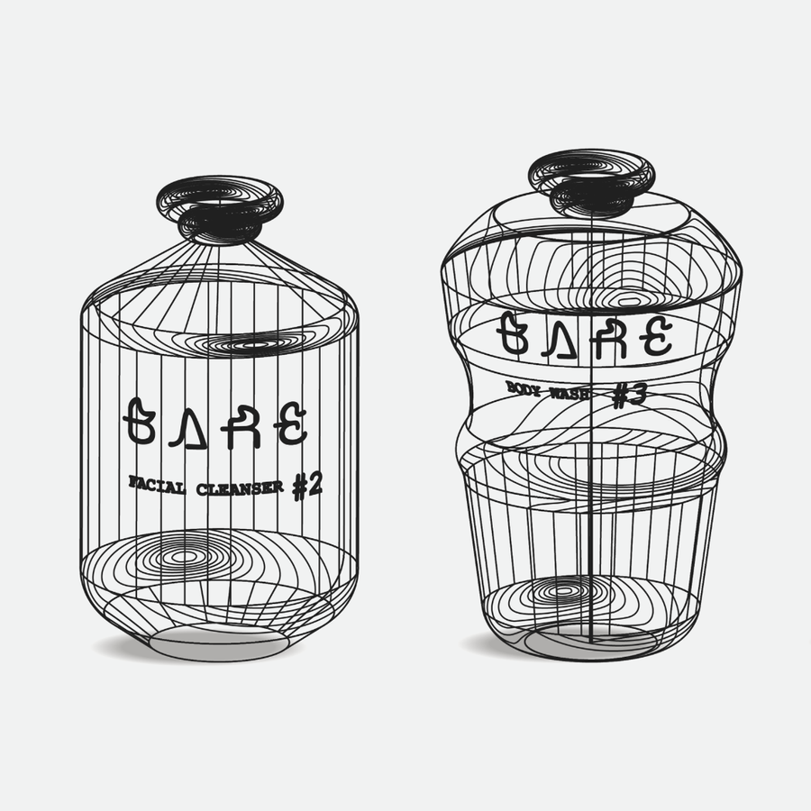 Illustration of two glass jars with the text "Bare, Facial Cleanser".