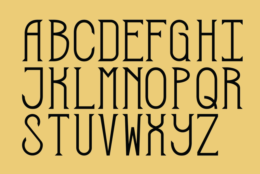 Artistic typeface specimen showing all letters of the alphabet.