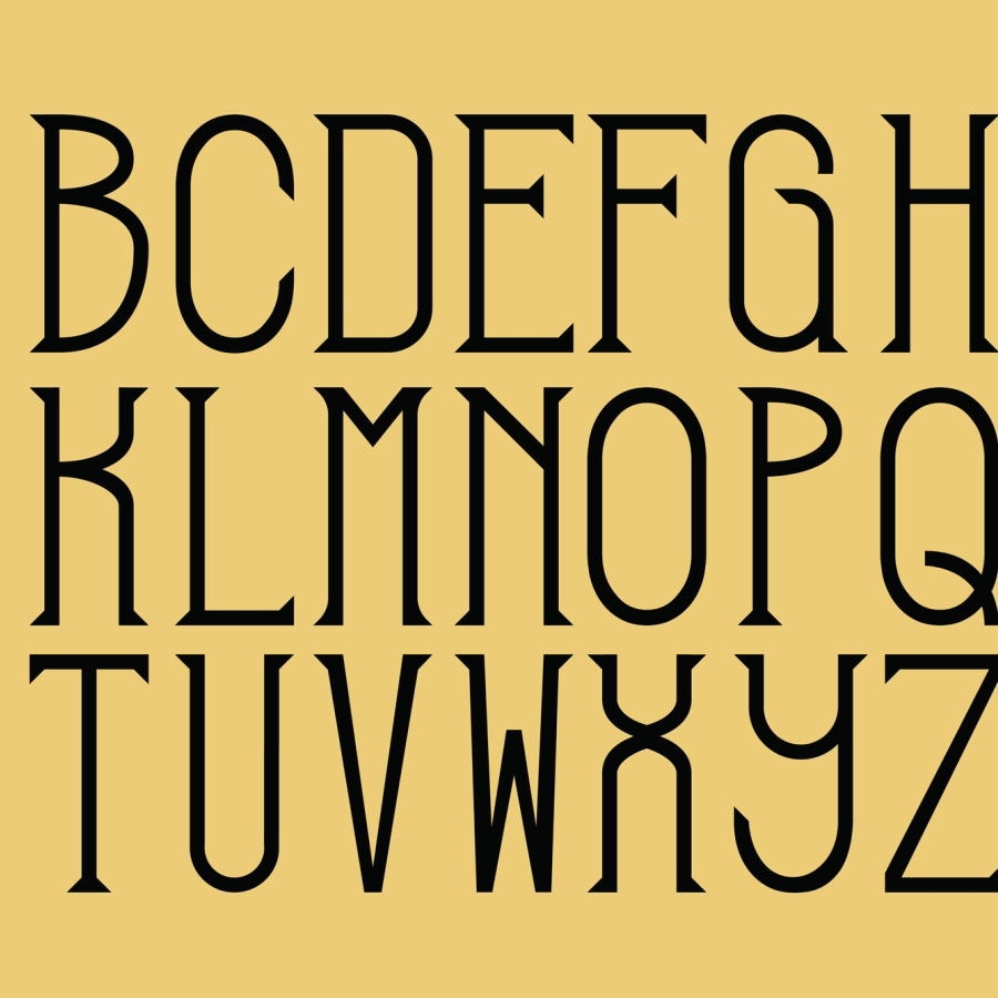 Artistic typeface specimen showing all letters of the alphabet.