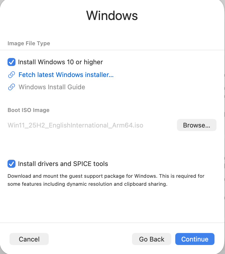 Selected windows 10 or higher. Shows that i selected iso image. Install drivers and SPICE tools is selected