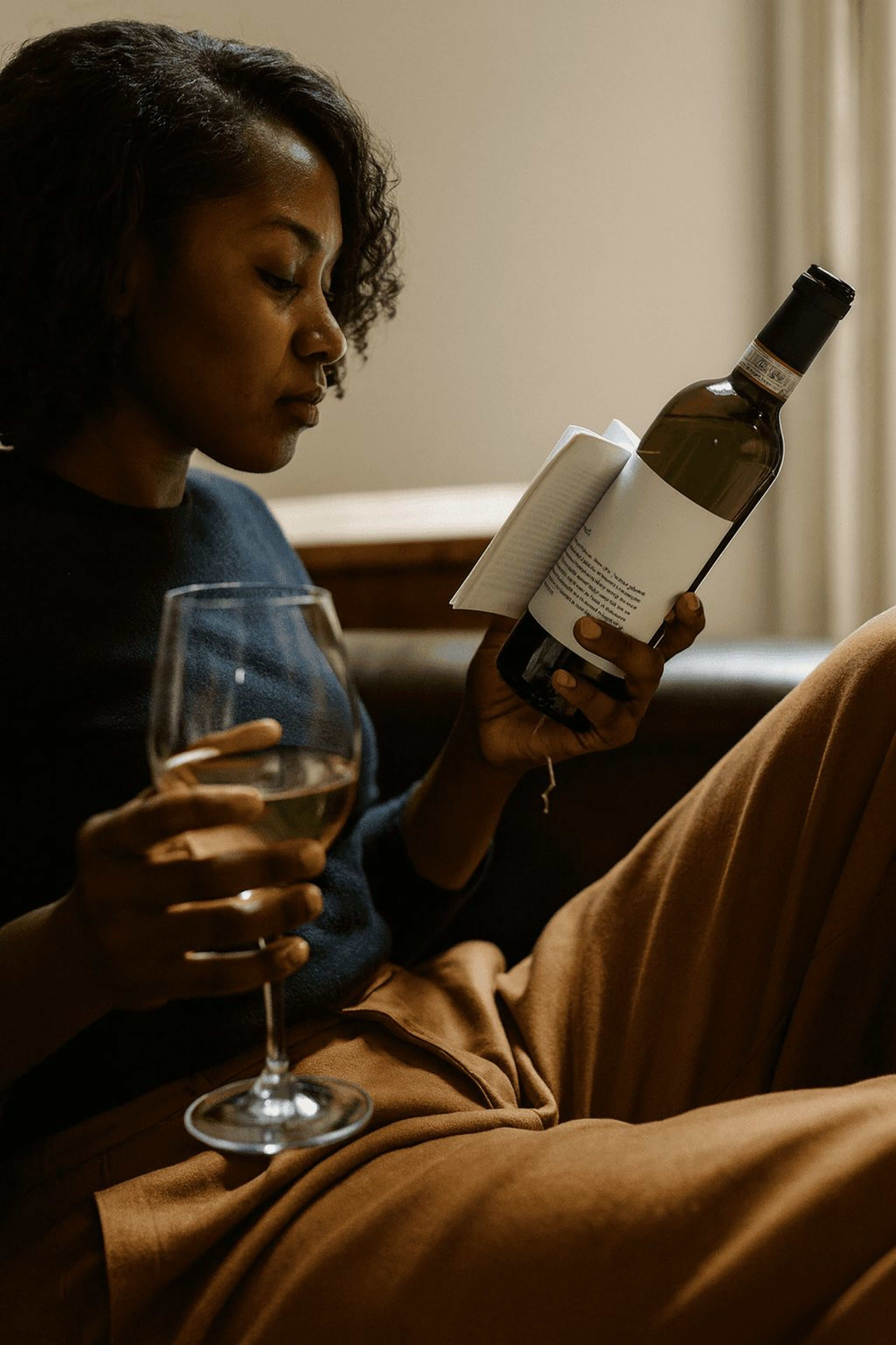 Woman reading the label on a bottle of white wine while holding a glass