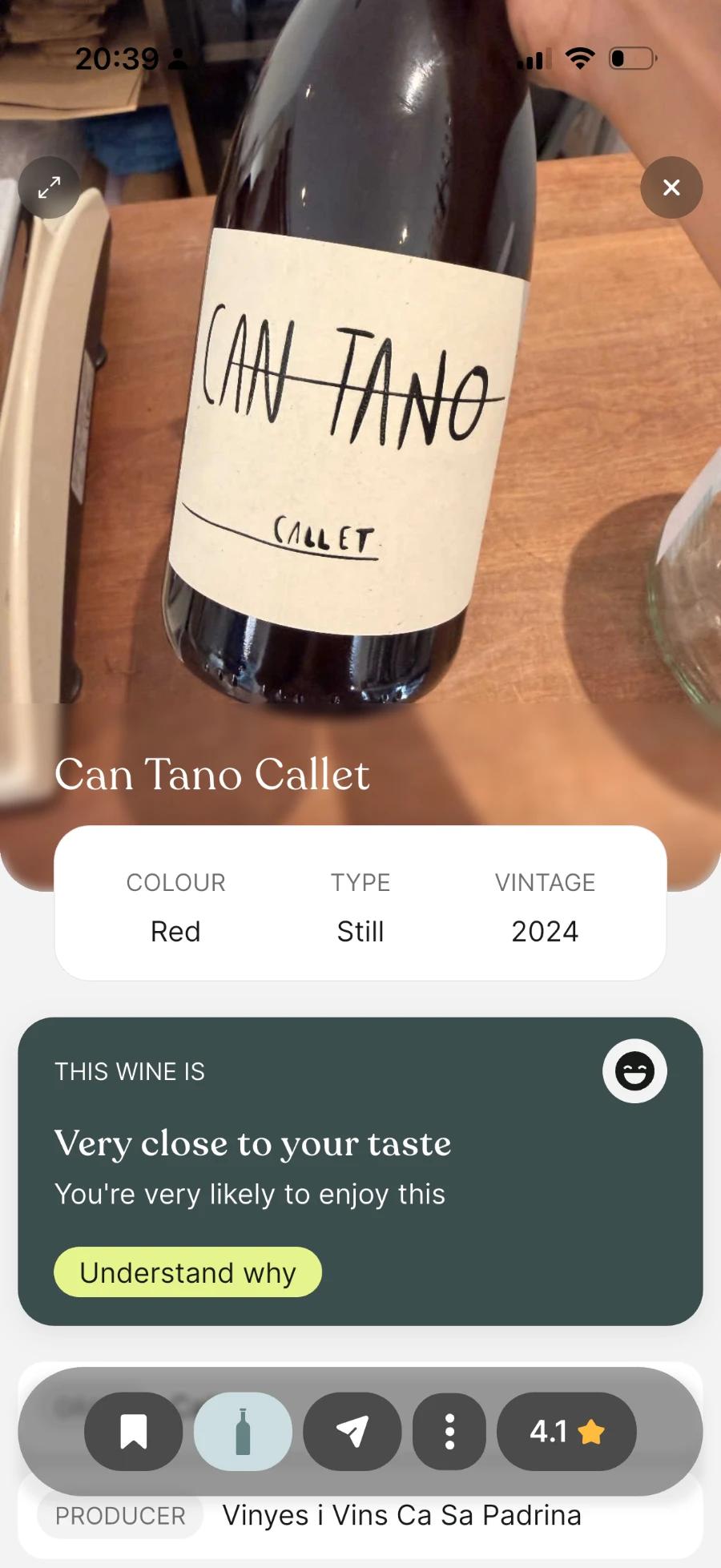 Taste match on a wine page in Swirl