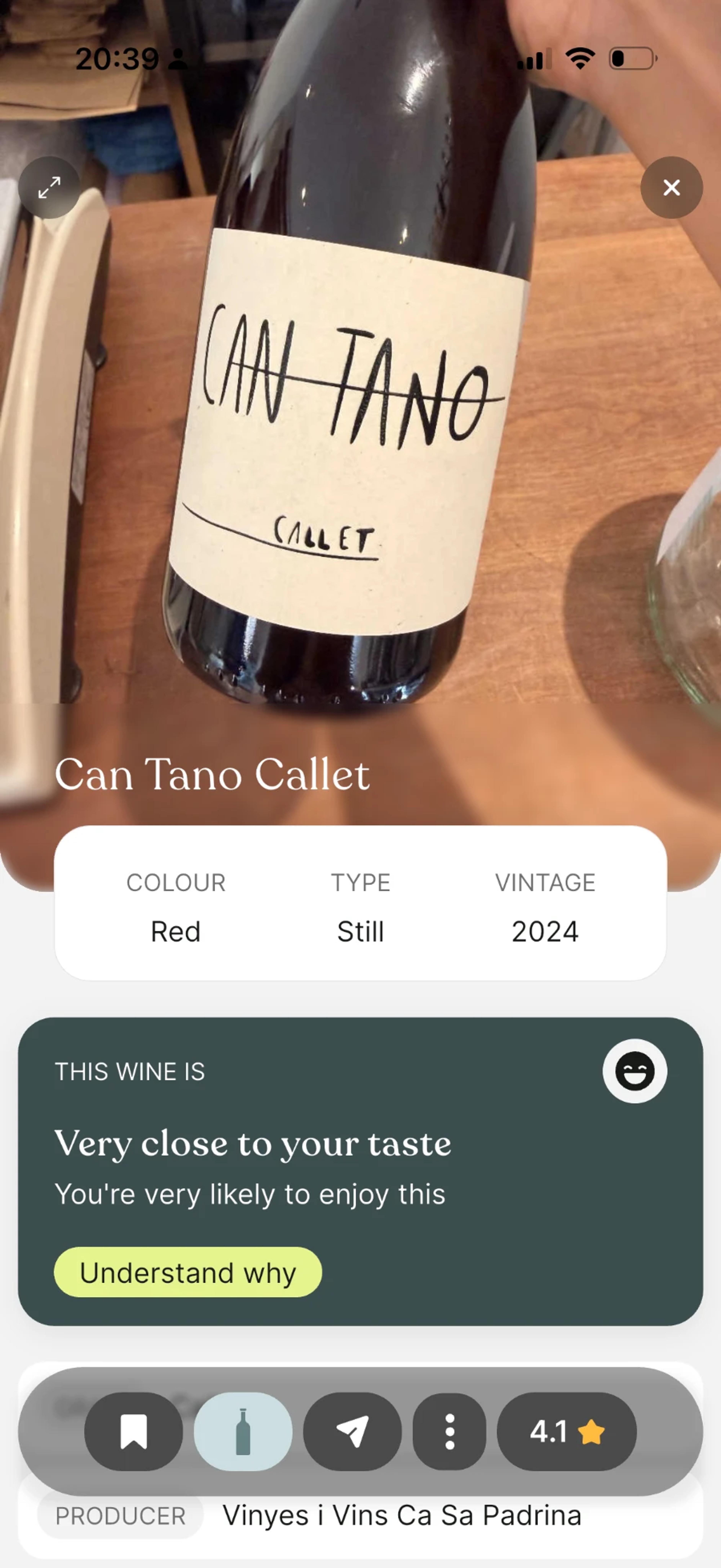Taste match on a wine page in Swirl