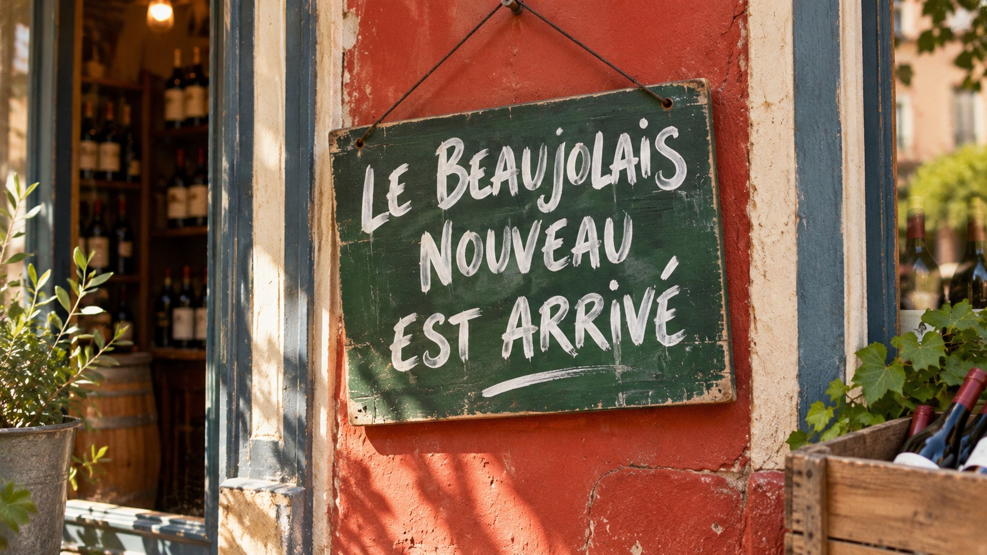Chalkboard sign reading “Le Beaujolais Nouveau est arrivé” on a red wall outside a wine shop