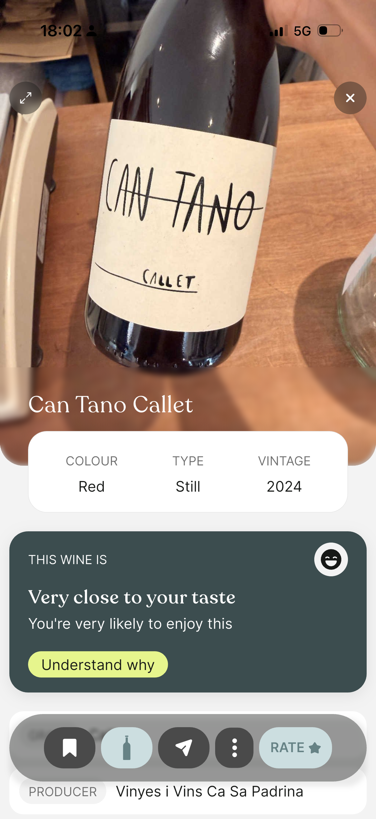 Swirl wine app showing a wine's details and taste match