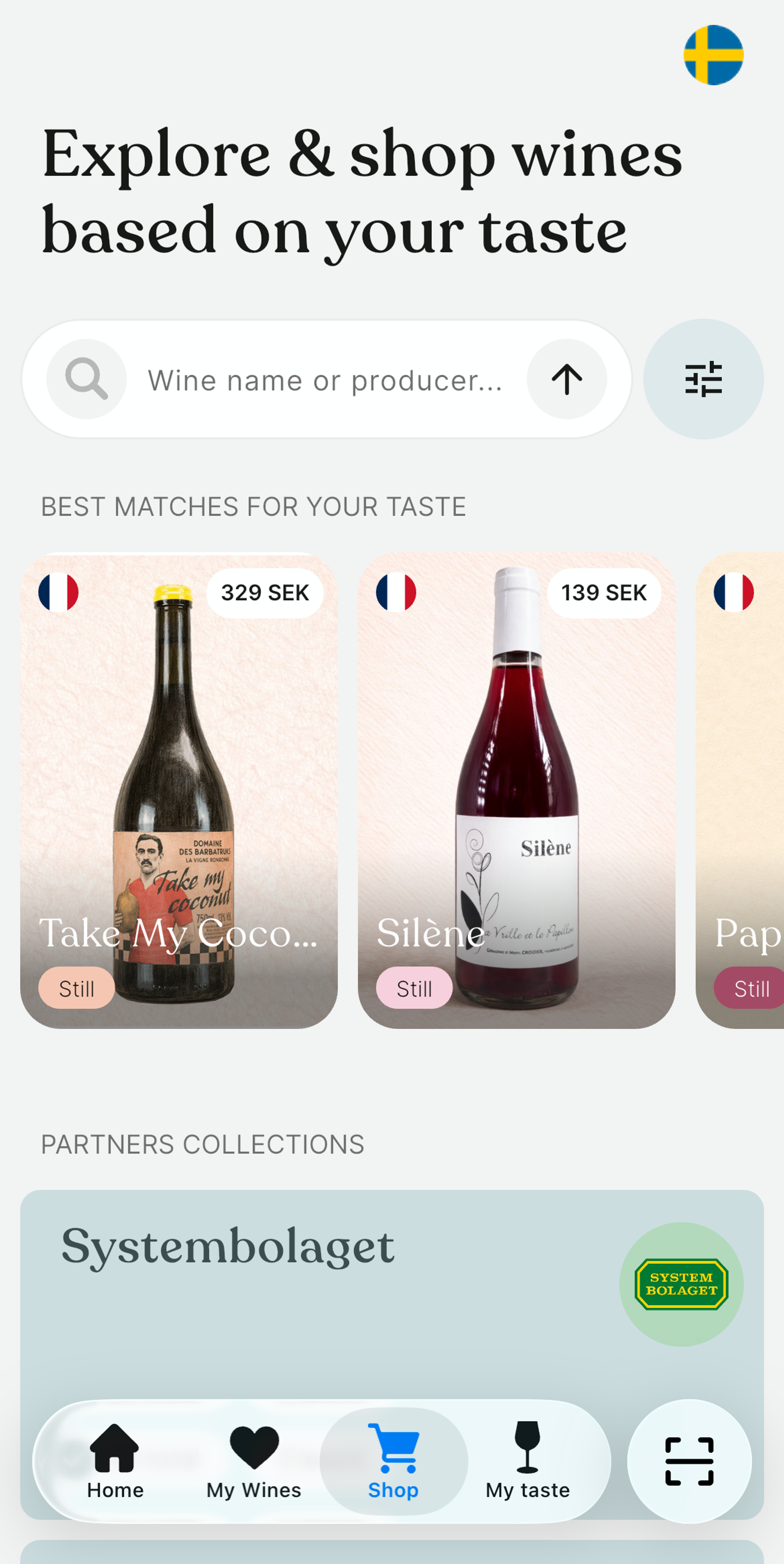 Swirl Shop tab showing wines matched to your taste
