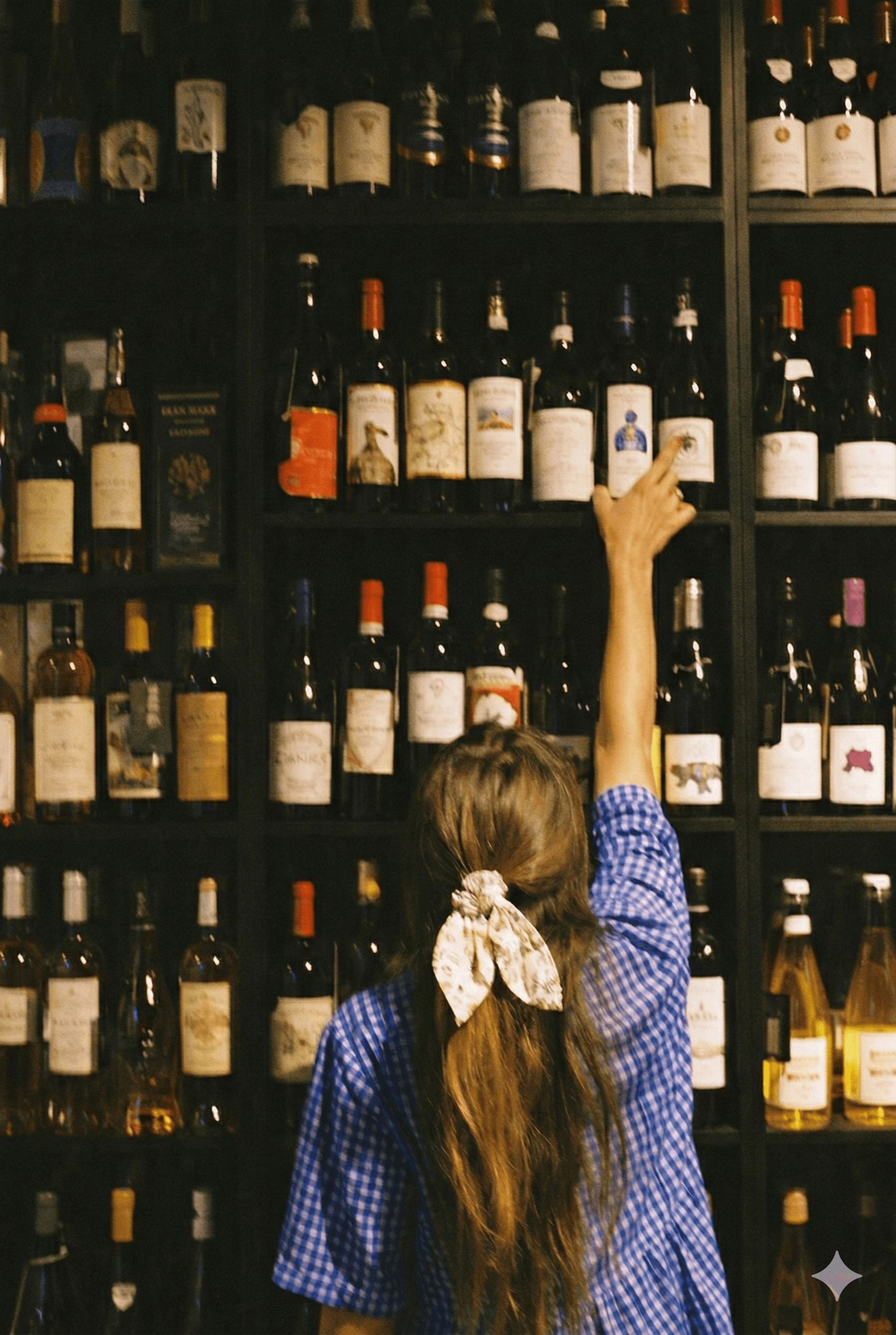 Woman reaching for a bottle on a tall wall of wine in a shop
