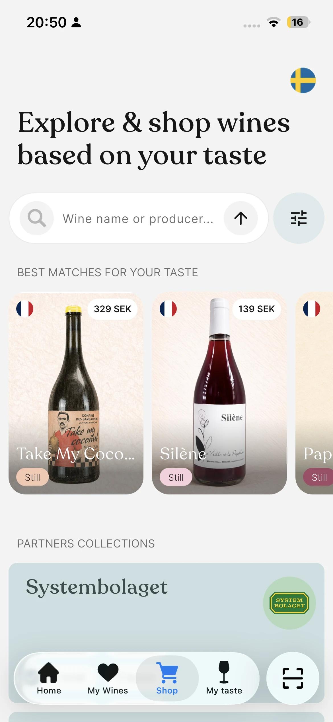 Swirl Shop tab with wines matched to your taste