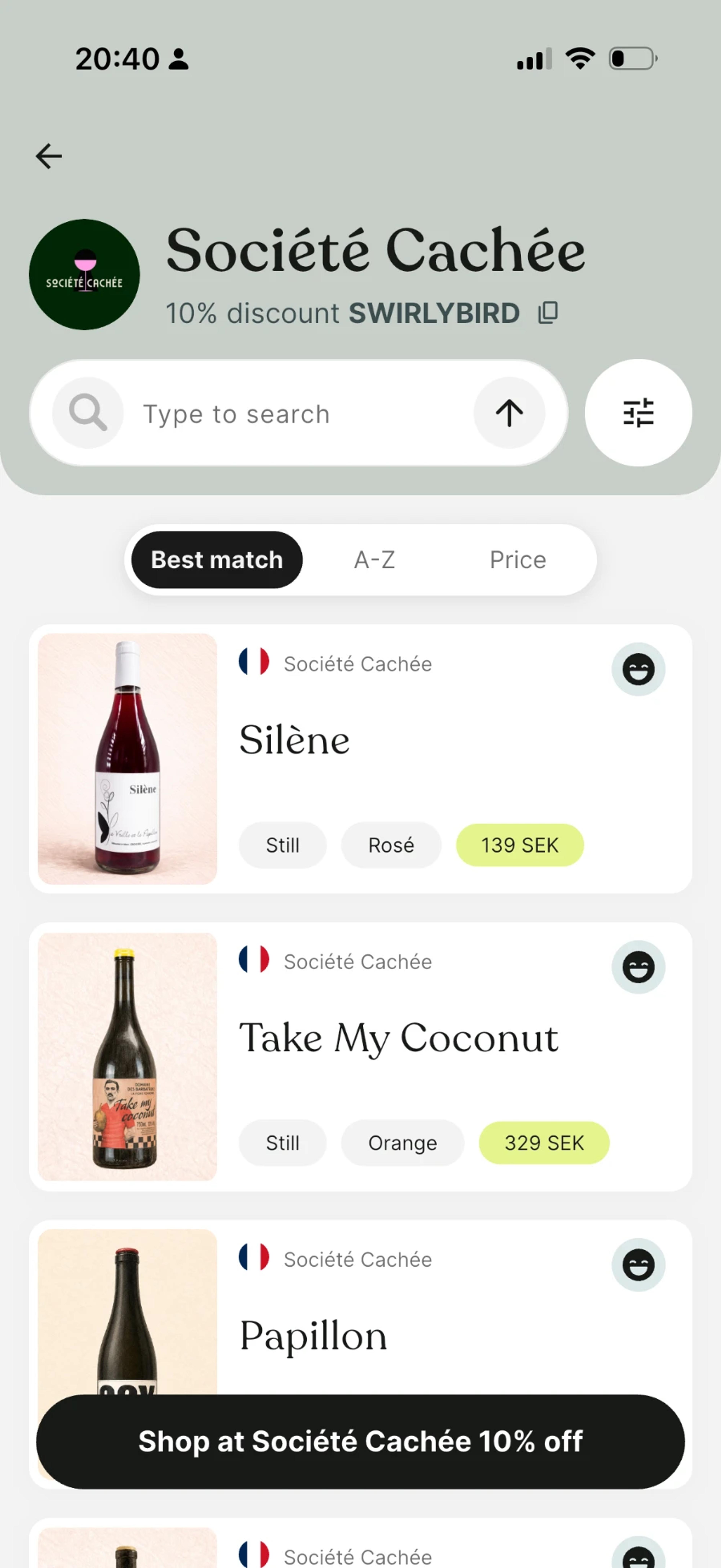 Partner Collection screen in Swirl