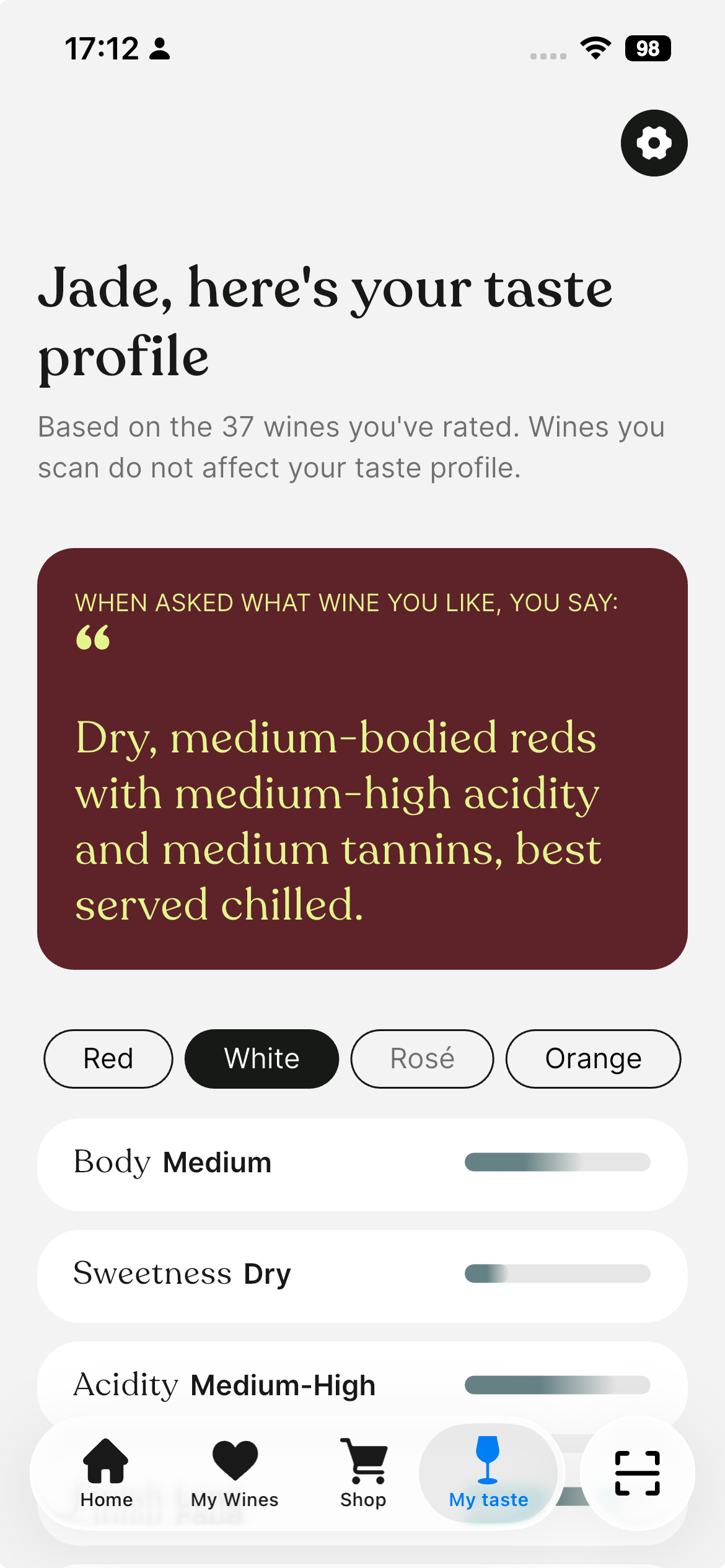 Swirl taste profile showing a personal wine palate
