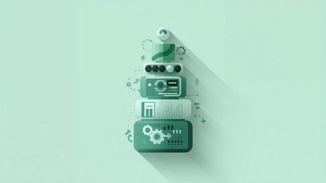 Minimalistic illustration in Sumledger colors showing a stacked, layered reporting system represented by geometric blocks, charts and gears, symbolizing a scalable and automated reporting stack for growing groups.