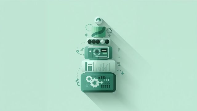 Minimalistic illustration in Sumledger colors showing a stacked, layered reporting system represented by geometric blocks, charts and gears, symbolizing a scalable and automated reporting stack for growing groups.