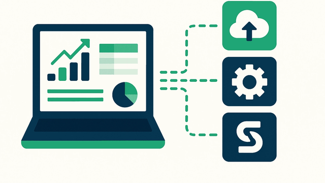 Minimalist illustration in Sumledger colors showing a laptop with financial dashboards and connected integration icons, symbolizing automated data flow and group reporting.