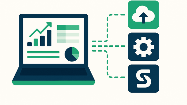 Minimalist illustration in Sumledger colors showing a laptop with financial dashboards and connected integration icons, symbolizing automated data flow and group reporting.