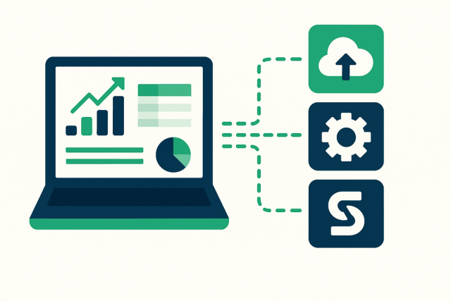 Minimalistisk illustration i Sumledger-farver, der viser en bærbar computer med finansielle dashboards og tilsluttede integrationsikoner, der symboliserer automatiseret dataflow og virksomhedsrapportering.
